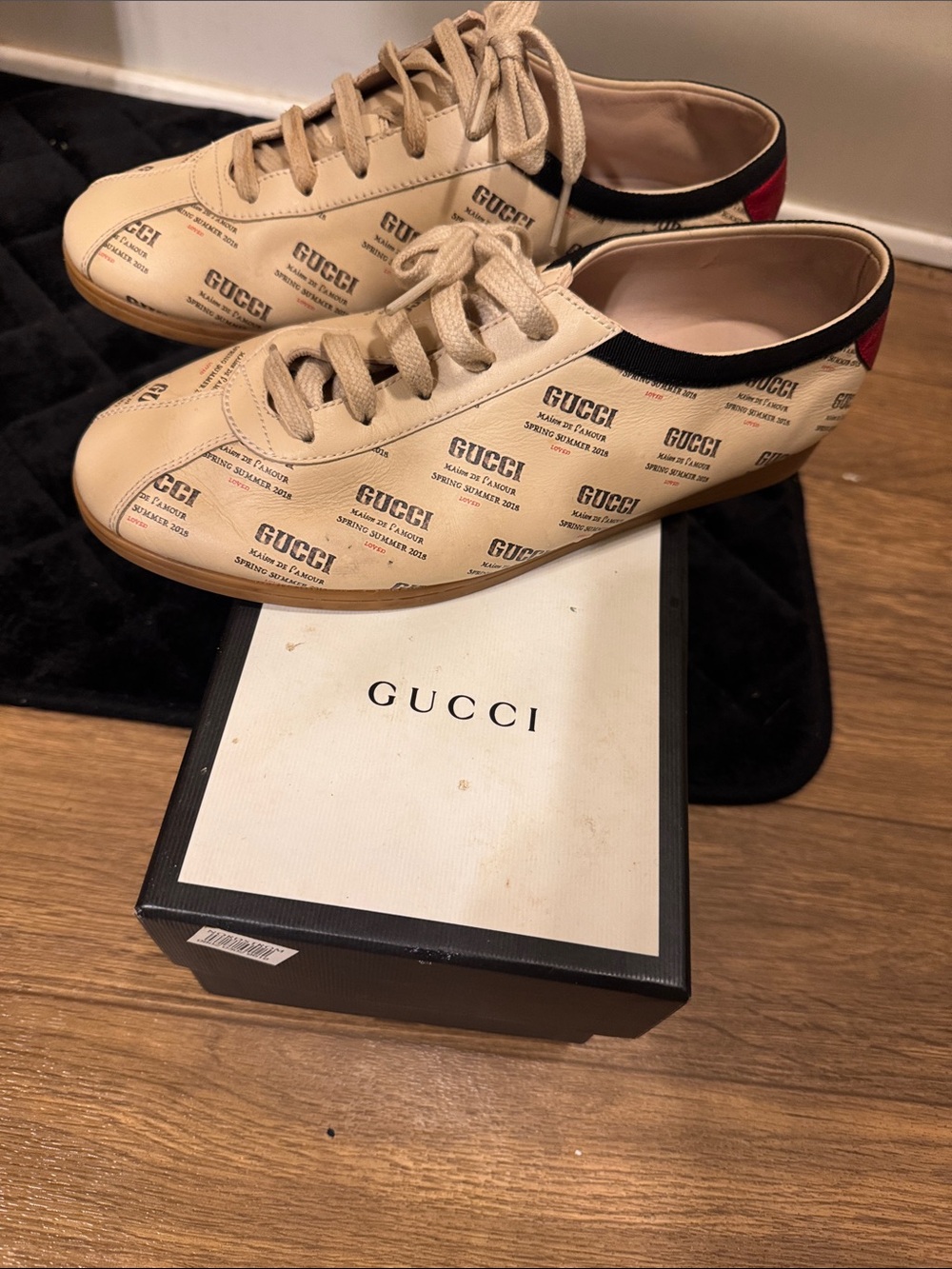 Gucci Men’s Beige Logo Low-Top Sneakers with Red Heel Accent